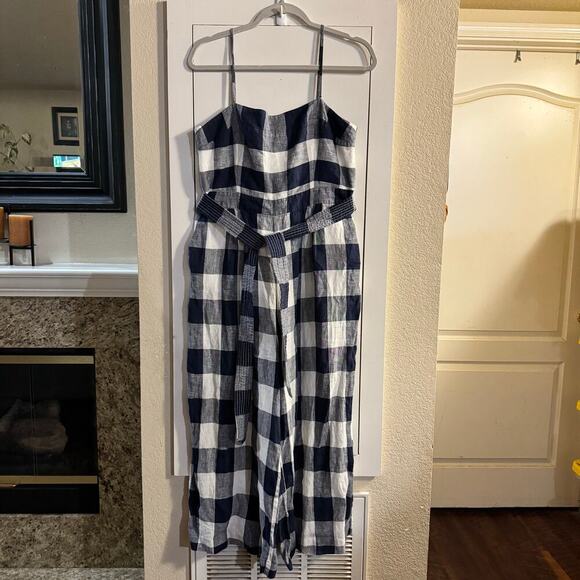 J.CREW Gingham Beauchamps Linen Spaghetti Strap Jumpsuit In Navy Ivory Size 12 - Picture 4 of 10